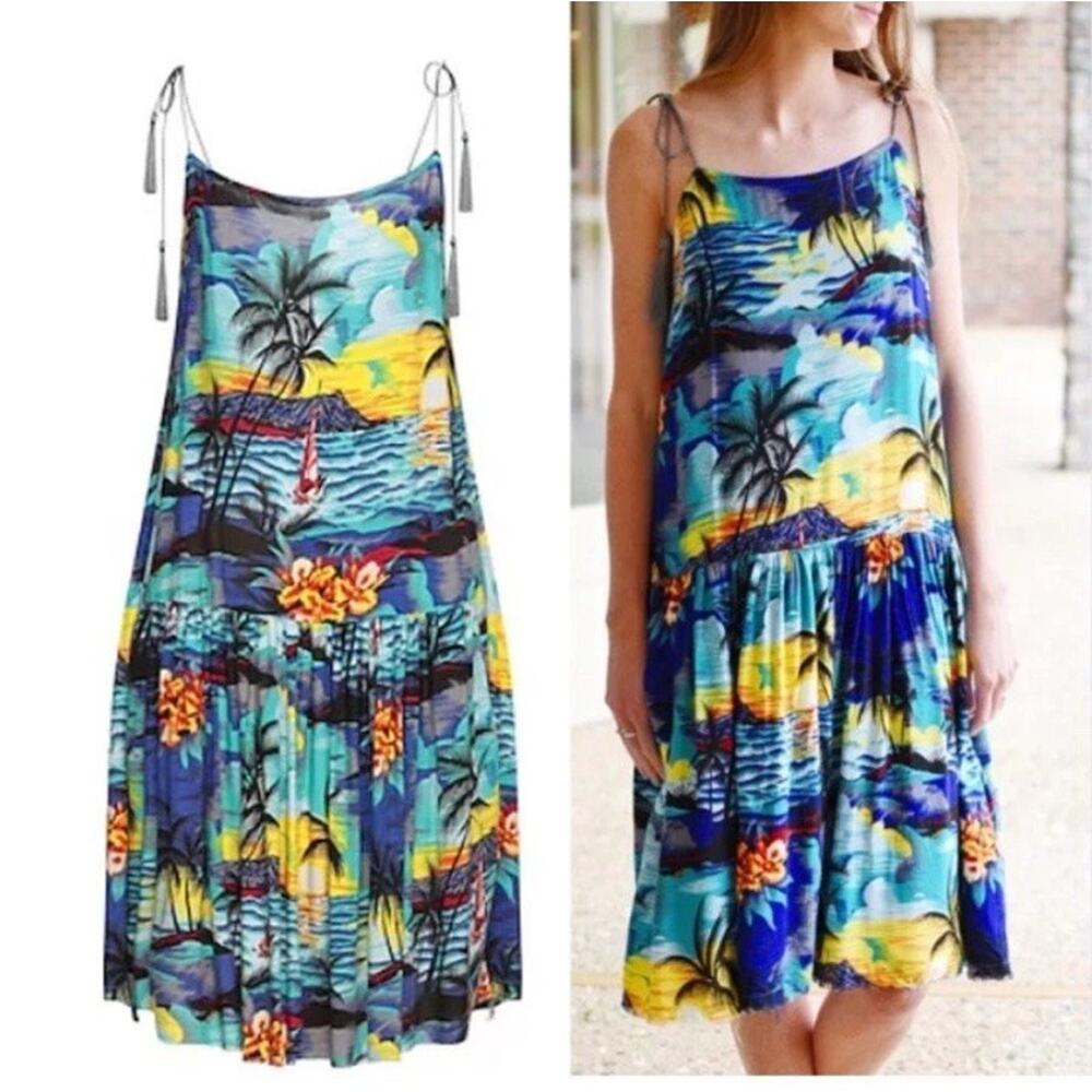 One Teaspoon Medium Boho Beachy Tropical Hawaiian Sleeveless Dress Aloha Tiki Y6